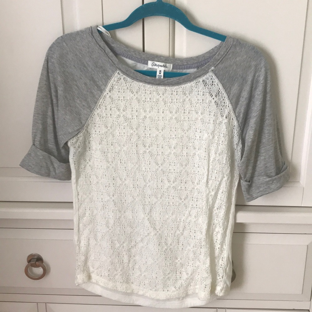 Grey cuffed sleeved with white lace front top